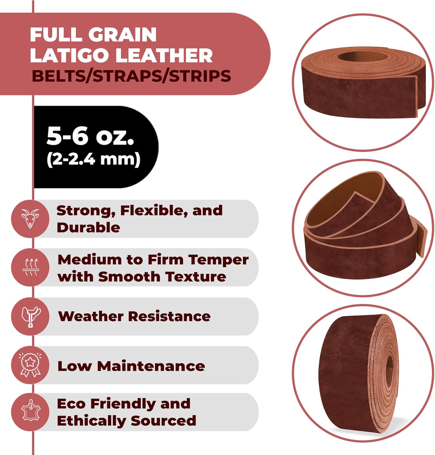 ELW 5-6 oz (2-2.4mm) Latigo Leather Belt Grade Straps | Size: 1"x72" (2.5x183cm) | Russet | Full Grain Cowhide, Heavy Duty Holsters, Sheathes, Harness, Saddle, Guitar Straps, Crafts