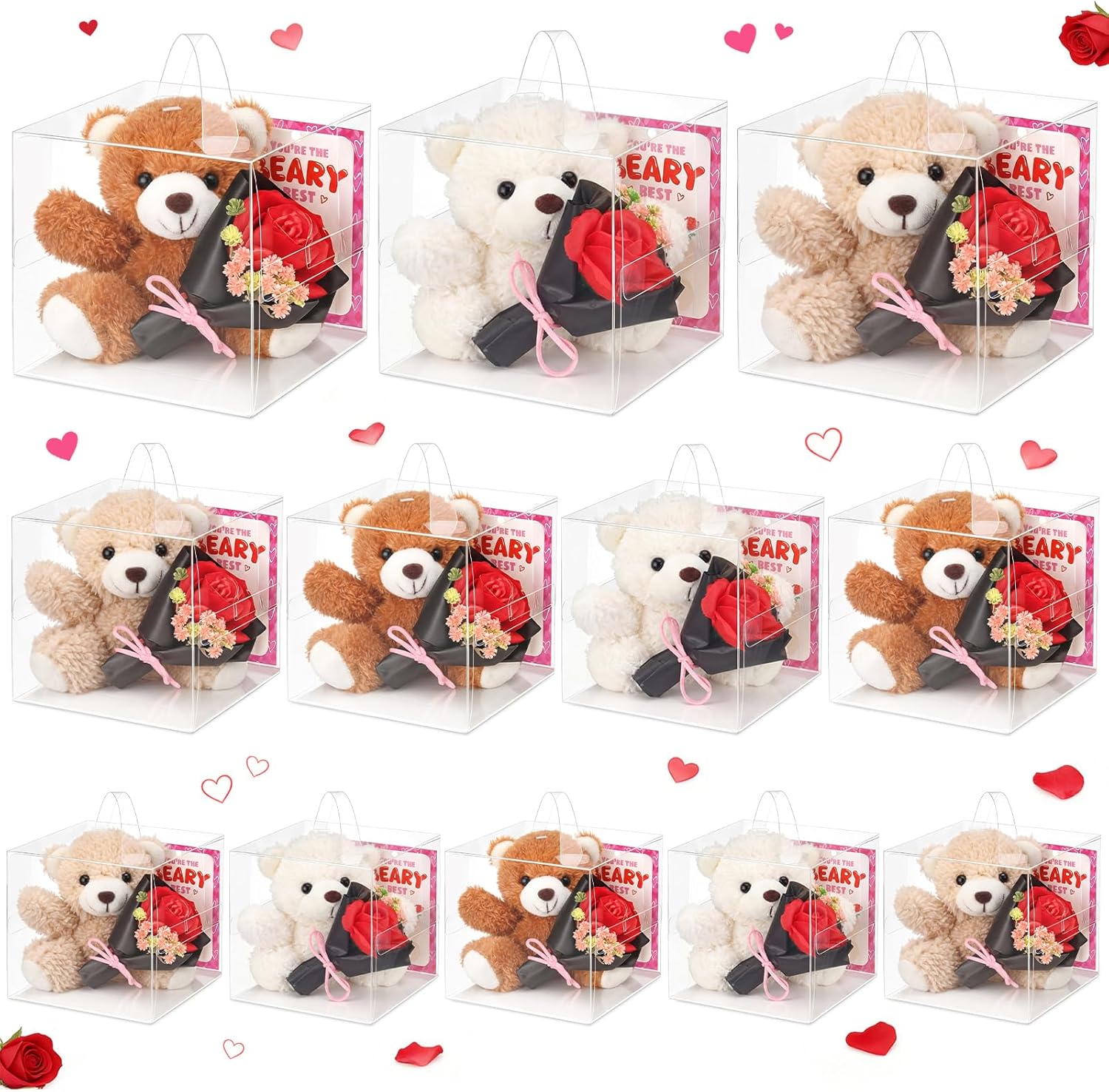 12 Set Valentine's Day Plush Bears and Rose Gift with Clear Box and Cards Red Artificial Silk Rose Bouquet for Valentine's Birthday for Wife Girlfriend Women Anniversary