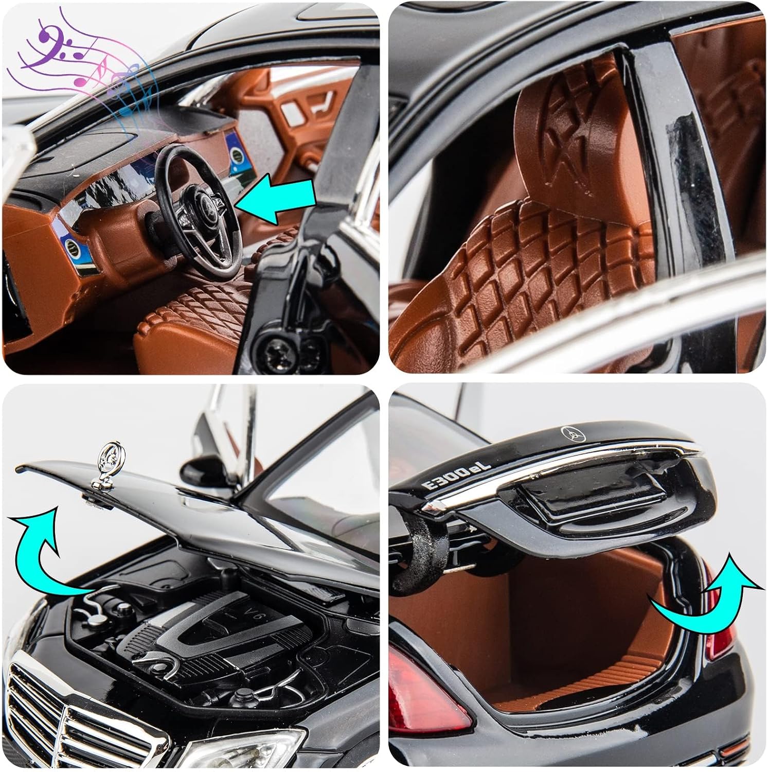 Detailed views of the WAKAKAC E300 car model's interior, engine, and trunk