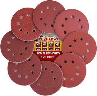 120 Stück Schleifpapier 125mm Klett (Je 15x P40/P60/P80/P120/P180/P240/P320/P400) Schleifscheiben Set für Exzenterschleifer, 8 Loch, starke Haftung, langlebig für Holz Metall Lack Auto