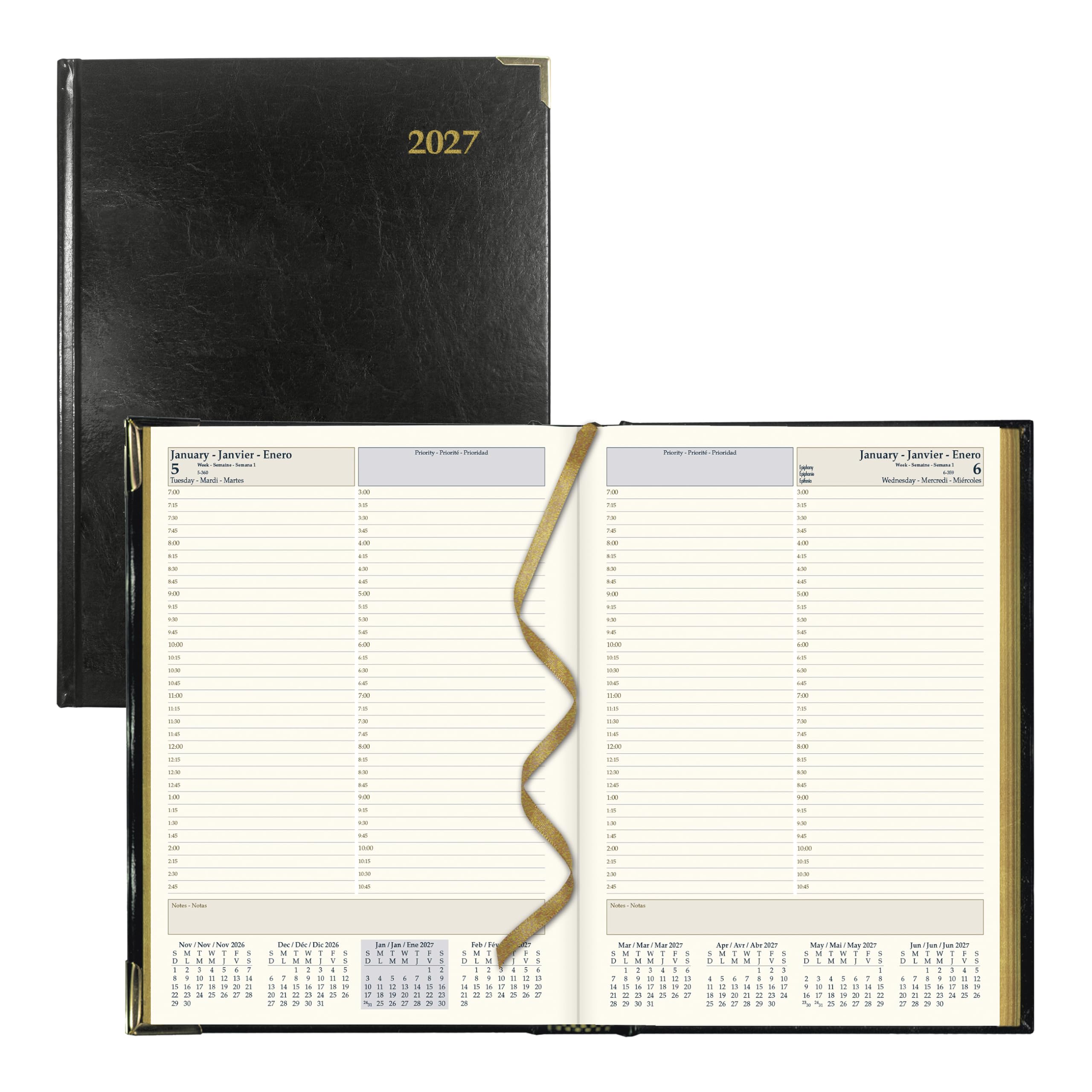 Brownline® Agenda giornaliera 2027, agenda giornaliera, 12 mesi, da gennaio a dicembre, rilegatura cucita, 27,3 x 19,7 cm, nero, trilingue (CBE514)