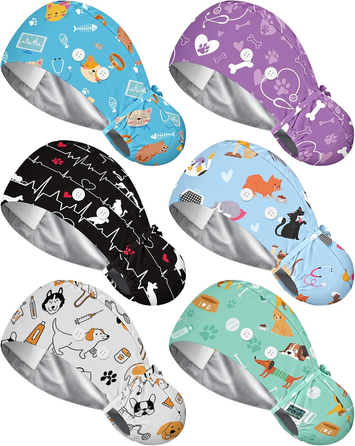 6 Pcs Satin Lined Scrub Caps Women Nurse Surgical Hat with Buttons Ponytail Working Adjustable Shower Caps Tie Back