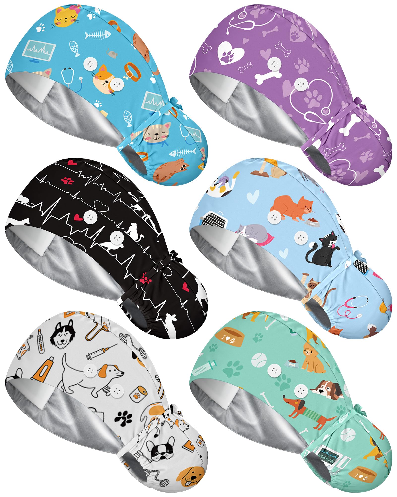 6 Pc Satin Lined Scrub Caps Women with Buttons Ponytail