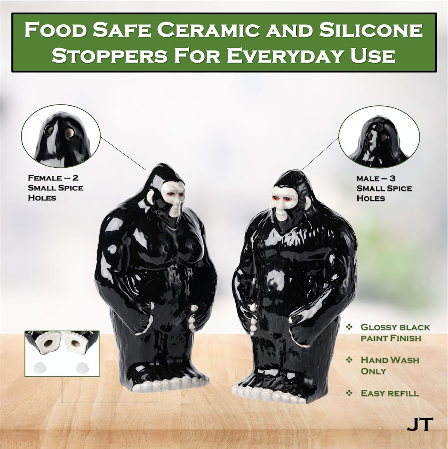Bigfoot Ceramic Salt and Pepper Shaker Set, Male and Female Pair, Black