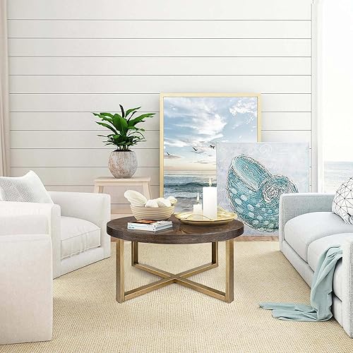 Miniatura 3 de GEPOW Mesa de centro redonda, mesa de centro de 36 pulgadas para sala de estar, mesa de cóctel de madera rústica con patas doradas