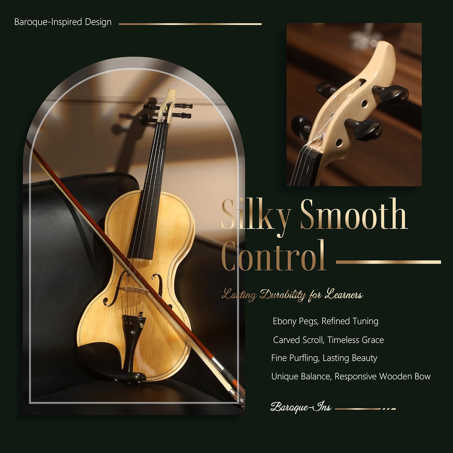 AKLOT Ergonomic Acoustic 4/4 Violin: Lesson Book, Solid Wood, Intermediate Beginner Glossy Fiddle, with Hard Case, Extra String, Bow, Shoulder Rest, Tuner, Fretboard Stickers, Full Size Adults Violen