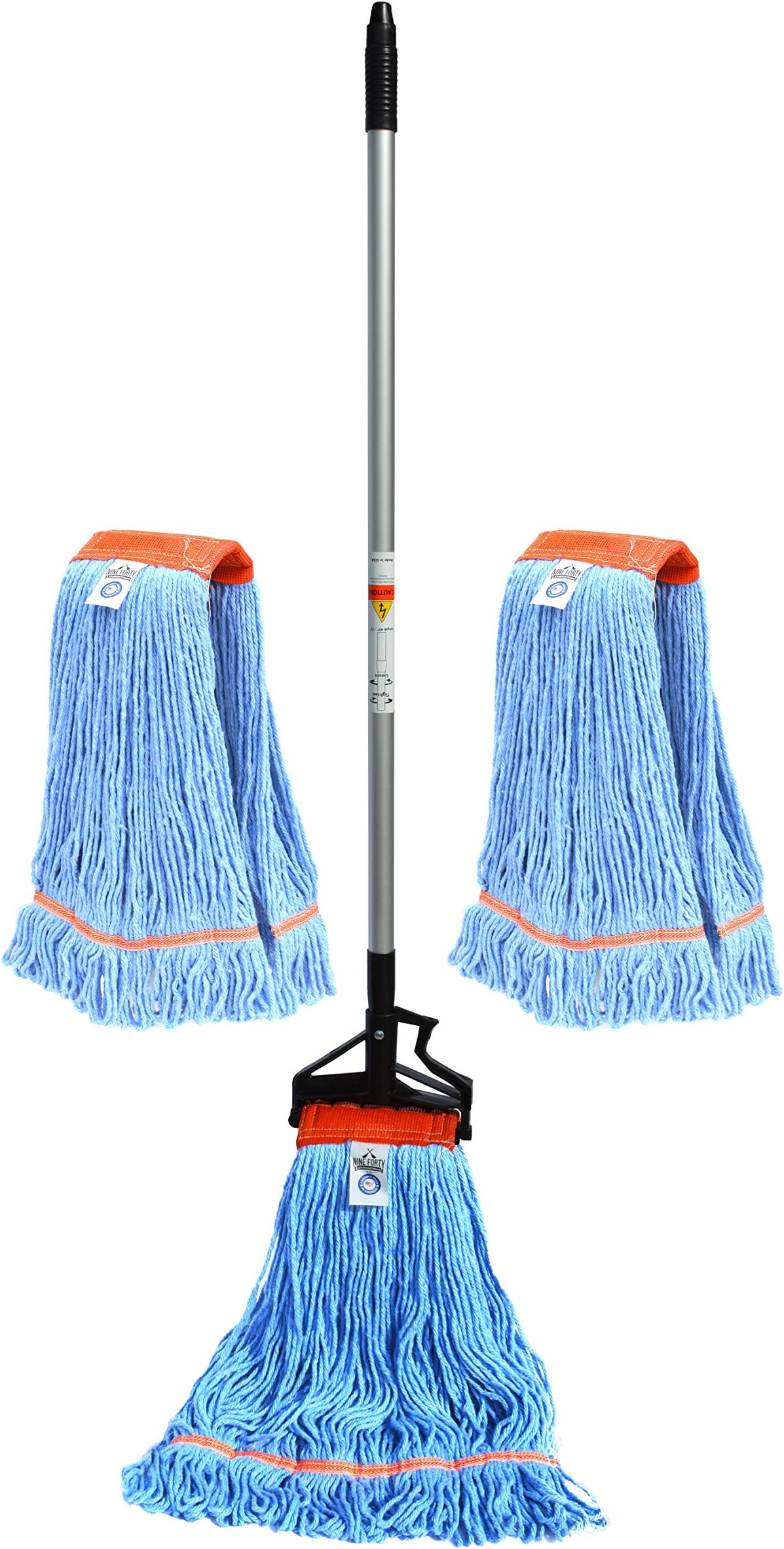 Nine FortyIndustrial and Commercial-Grade Looped End Wet Mop w/ 2 Replacement Heads - Blue String Mop with 42โ-72โ Adjustable Aluminum Handle Length - Clamp - for Optimal Absorption and Durability