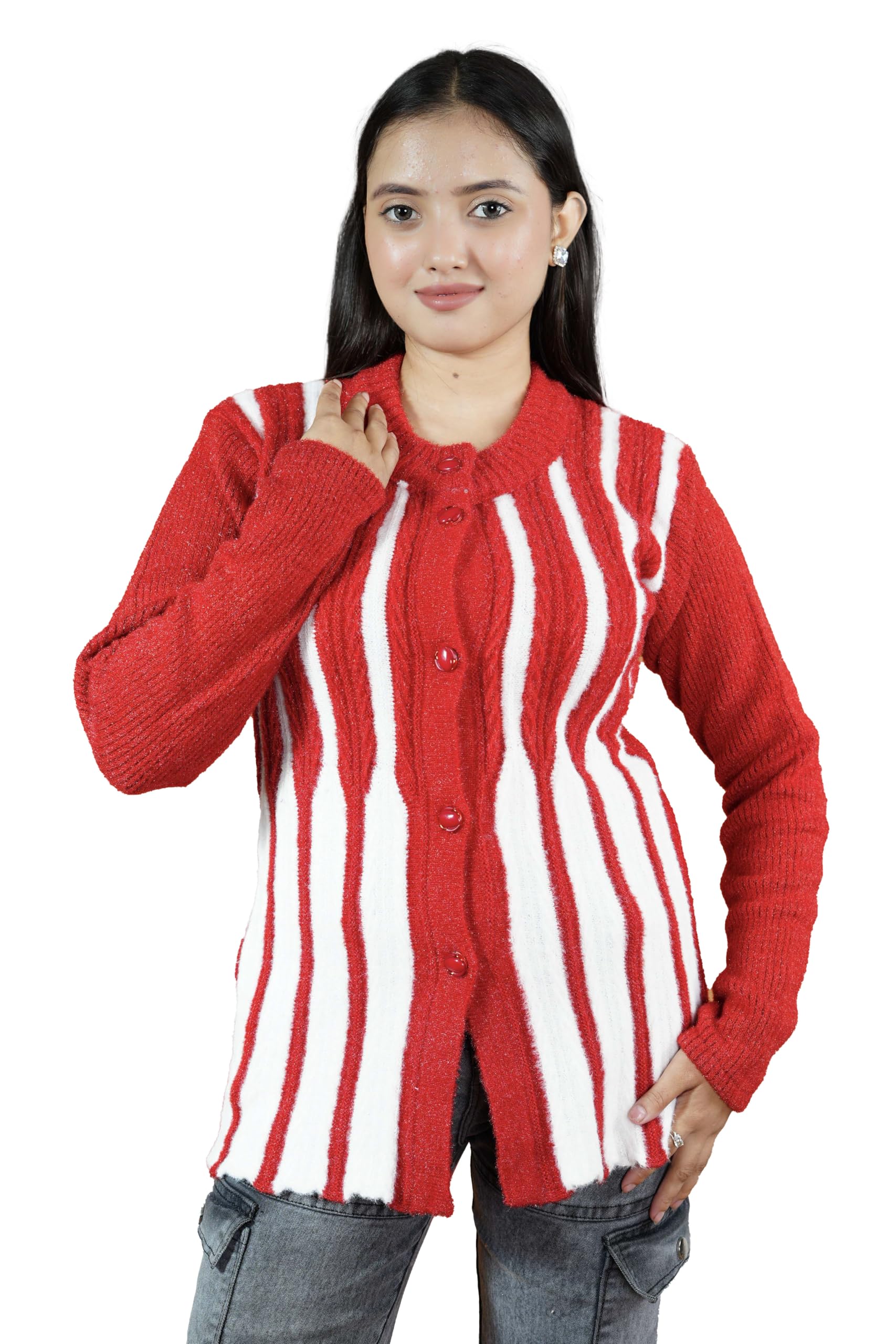 creative panther Women's Knitted Wool Cardigan, Red and White Striped Pattern, Long Sleeve Button Front, Regular Fit Winter Sweater-picture-44