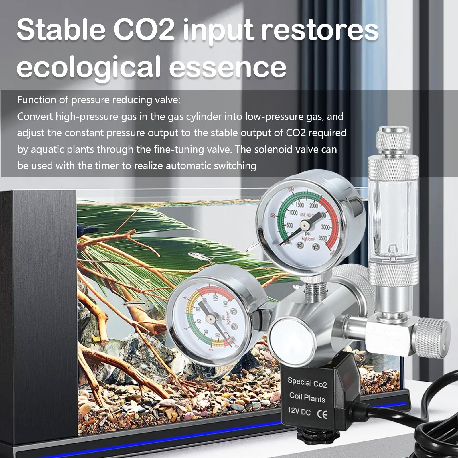 RéGulateur De Co2 pour Aquariums, Réducteur De Pression De Co2 pour Aquarium Planté Double Affichage De Jauge, avec Système De Clapet Anti-Retour à Compteur De Bulles Et éLectrovanne Interface W21.8