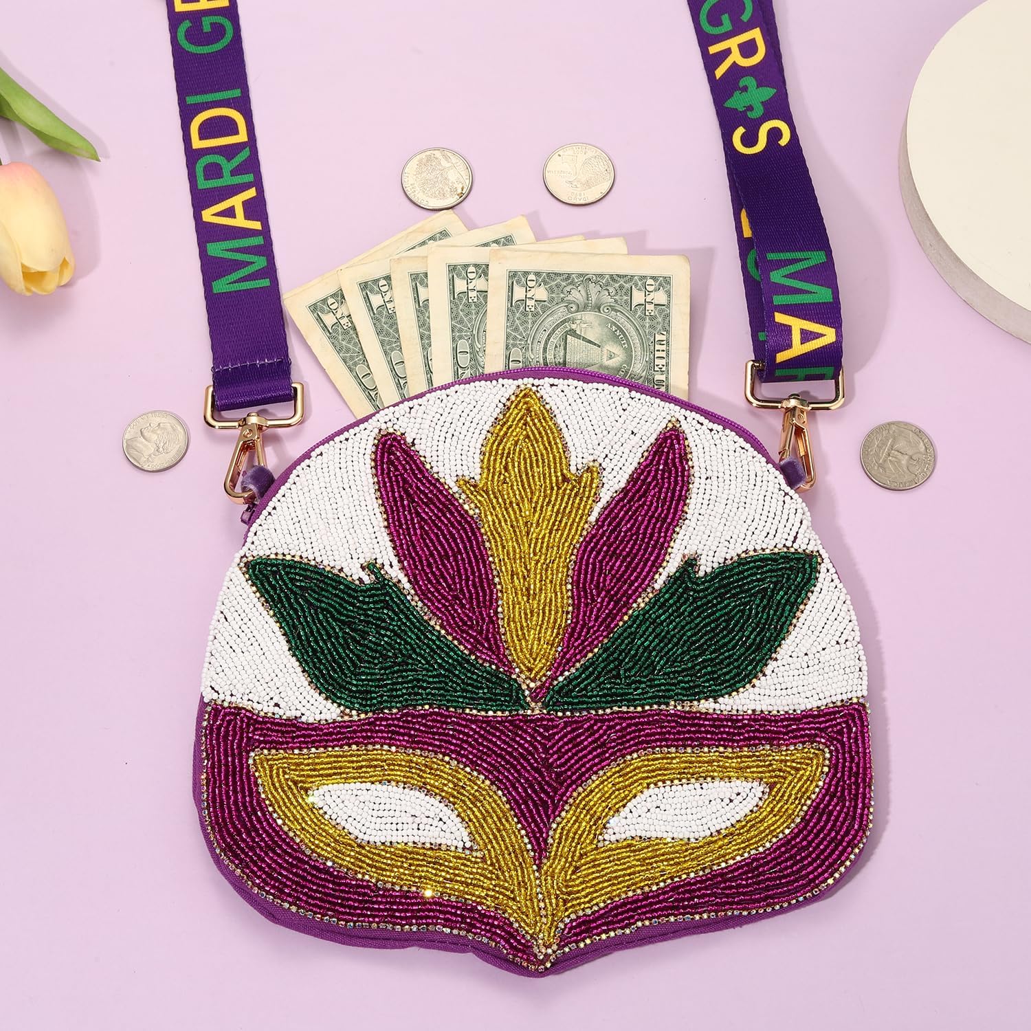 Mardi Gras Purse for Women Beaded Mask Crossbody Purse Purple Shoulder Bag Mardi Gras Parade Party Favors Gifts