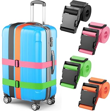 Luggage Straps - Multicolored, 78" Long, 2 Inches Wide, 4 Pack - Adjustable Nylon Belt for Travel Suitcases & Bags - by Mifflin-USA
