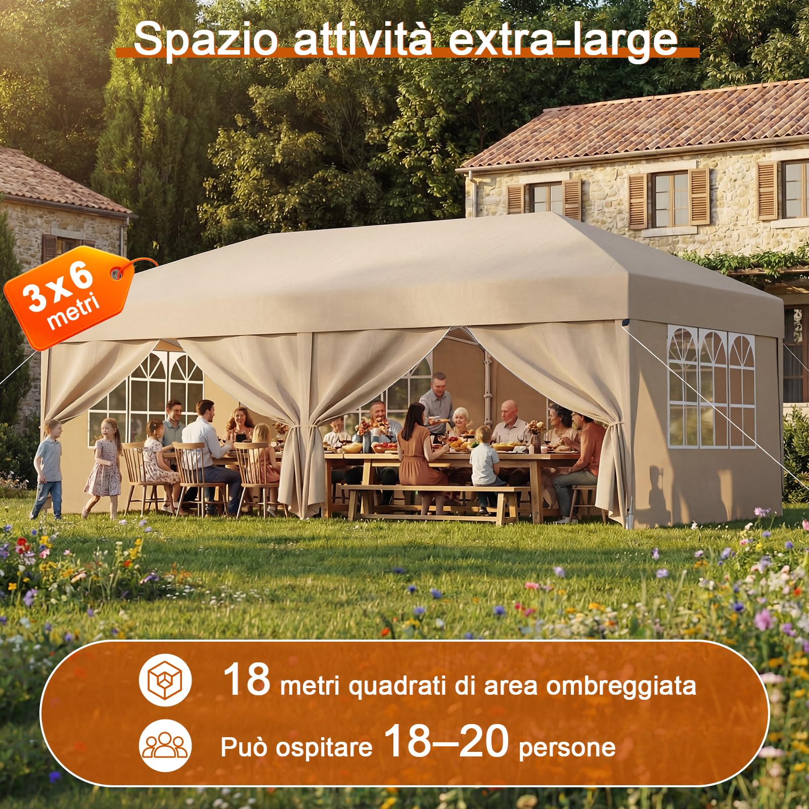 Devoko Gazebo 3x6 Pieghevole Impermeabile, Tenda Pop Up Pieghevole con 6 Pareti Rimovibili, Gazebo Pieghevole con 3 Altezze Regolabili Protezione UV 50+ per Giardino, Terrazza, Campeggio (Beige)