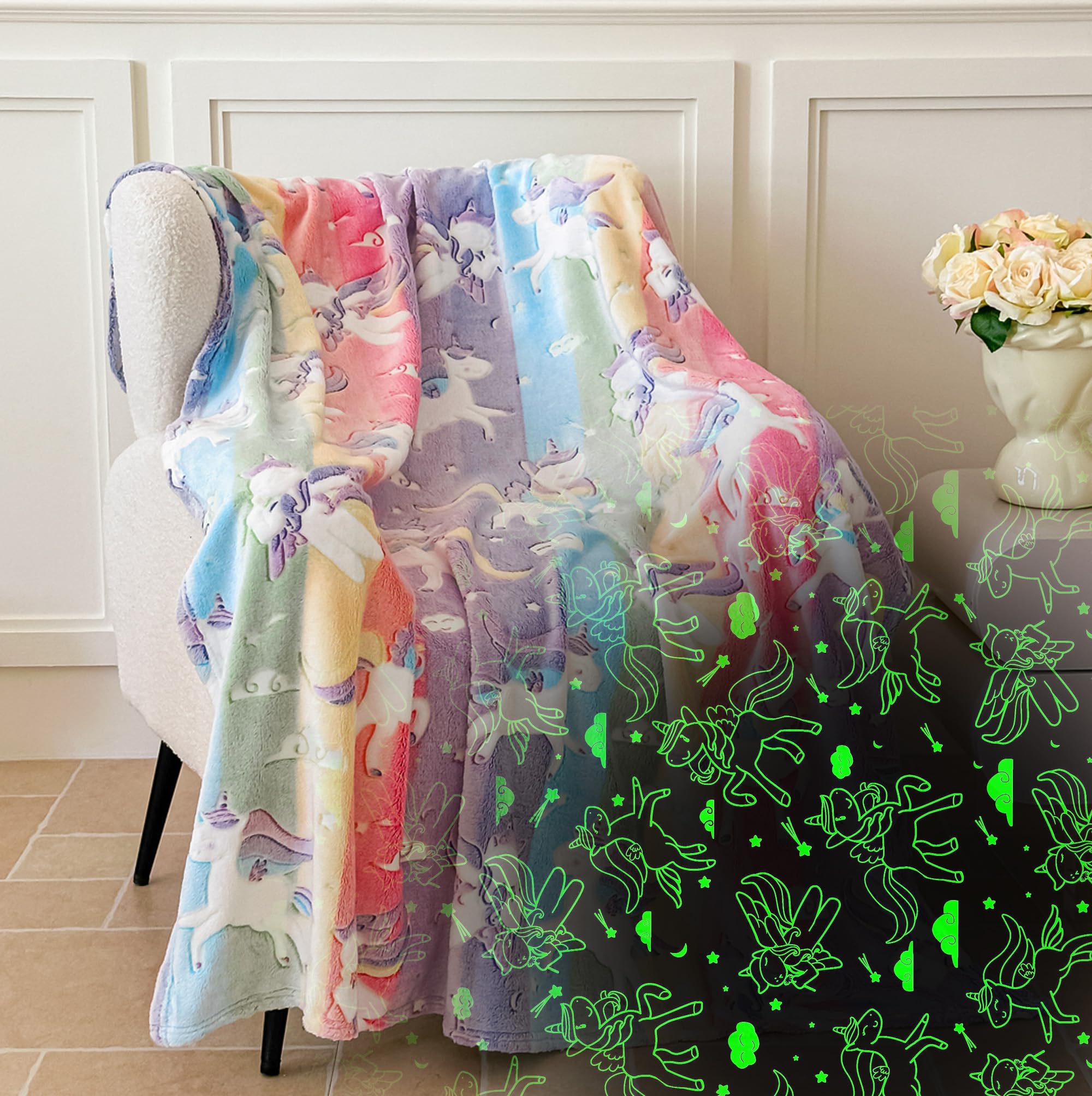 Glow in The Dark Unicorn Blanket for Kids – 280GSM Thick Flannel, Super Soft Cozy Fleece Throw, Cute Birthday Gift for Girls & Boys, Magical Glowing Blanket for Bed, Couch & Travel