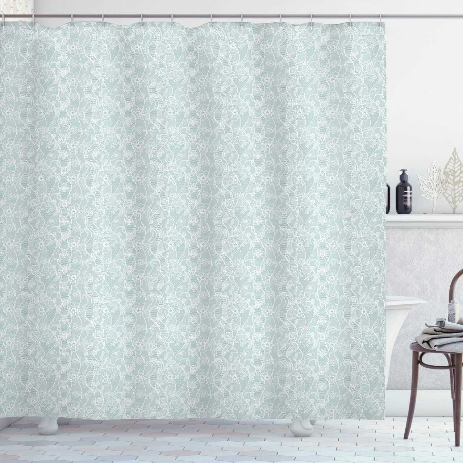 Ambesonne Vintage Shower Curtain, Lace Pattern Backdrop with Floral Composition Victorian Inspirations Wedding, Cloth Fabric Bathroom Decor Set with Hooks, 69" W x 84" L, Seafoam White
