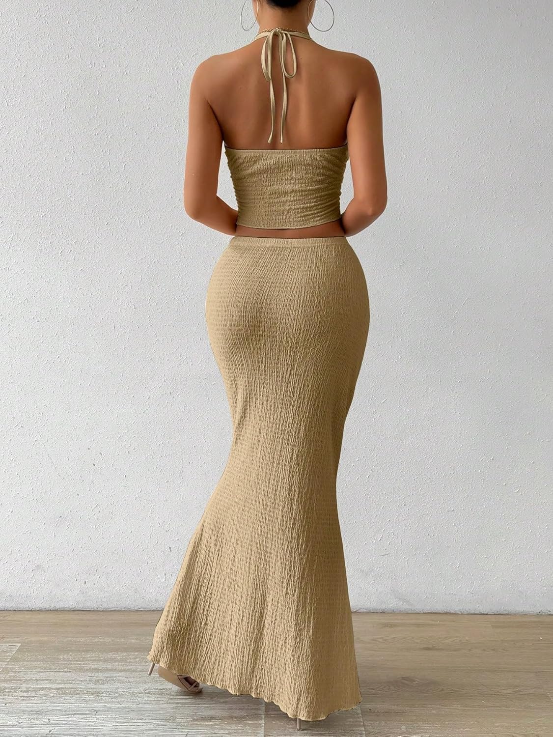 QJQ Skirt Sets Women 2 Piece Outfits Summer Twist Front Halter Tank Tops Bodycon Long Maxi Fishtail Skirt - Image 2