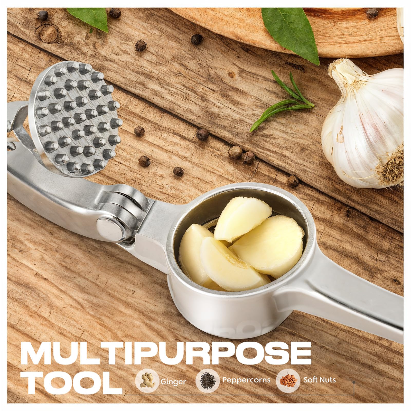 Prensa de ajo de cocina, a prueba de óxido y apta para lavavajillas, juego de trituradora de ajo duradera con pelador y cepillo, fácil de limpiar y apretar, mate