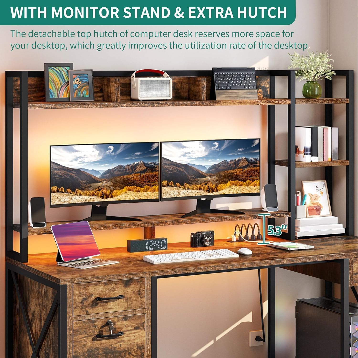 YITAHOME Computer Desk with Hutch & Drawers, 59" Office Desk with Power Outlets, Gaming Desk with LED Lights and Storage Shelves, Rustic Brown