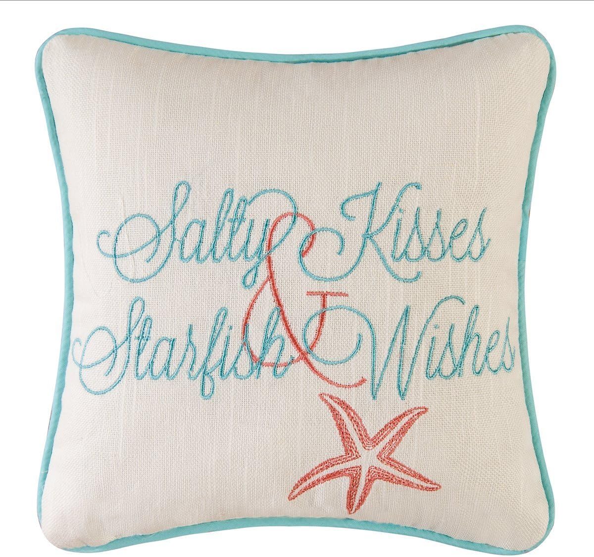 C&F Home Salty Kisses Starfish Wishes Embroidered Cotton Small Petite Mini Accent Pillow 10" x 10" All Seasons Summer Beach House Inspirational Quote Coastal Home Living Room Sofa Couch Chair Bed