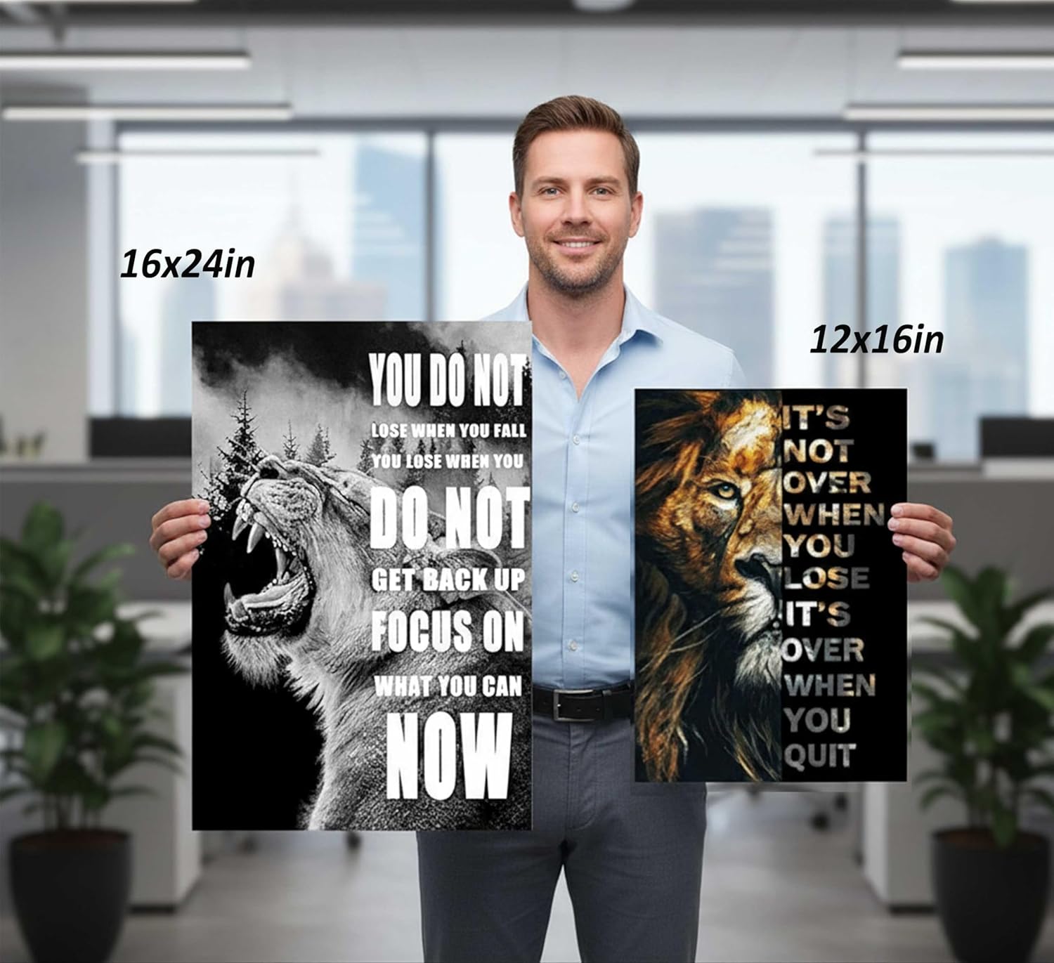 3 Pcs Office Inspirational Canvas Wall Art Modern Motivational Quotes Black And White Lion Pictures Wall Decor Inspiring Poster Print Artwork for Living room Man Room Bedroom Home Decoration Unframed