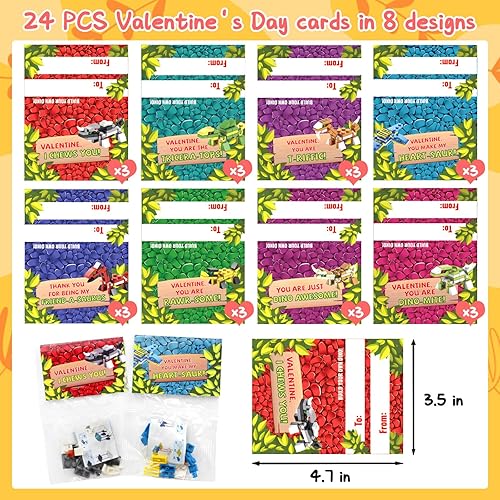 Miniatura 3 de Pseutio Paquete de 24 regalos para el día de San Valentín para niños, aula con bloques de construcción de dinosaurios, tarjetas de San Valentín para