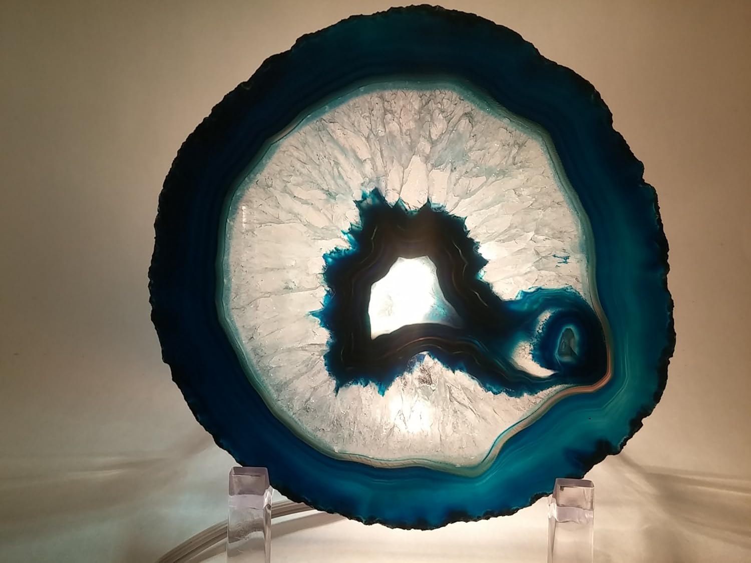 Brazilian Agate Geode Slice 6-7 inch with Lighted Acrylic Stand-Stained Glass by Mother Nature-Crystal Mineral Gemstone Rock (Green)