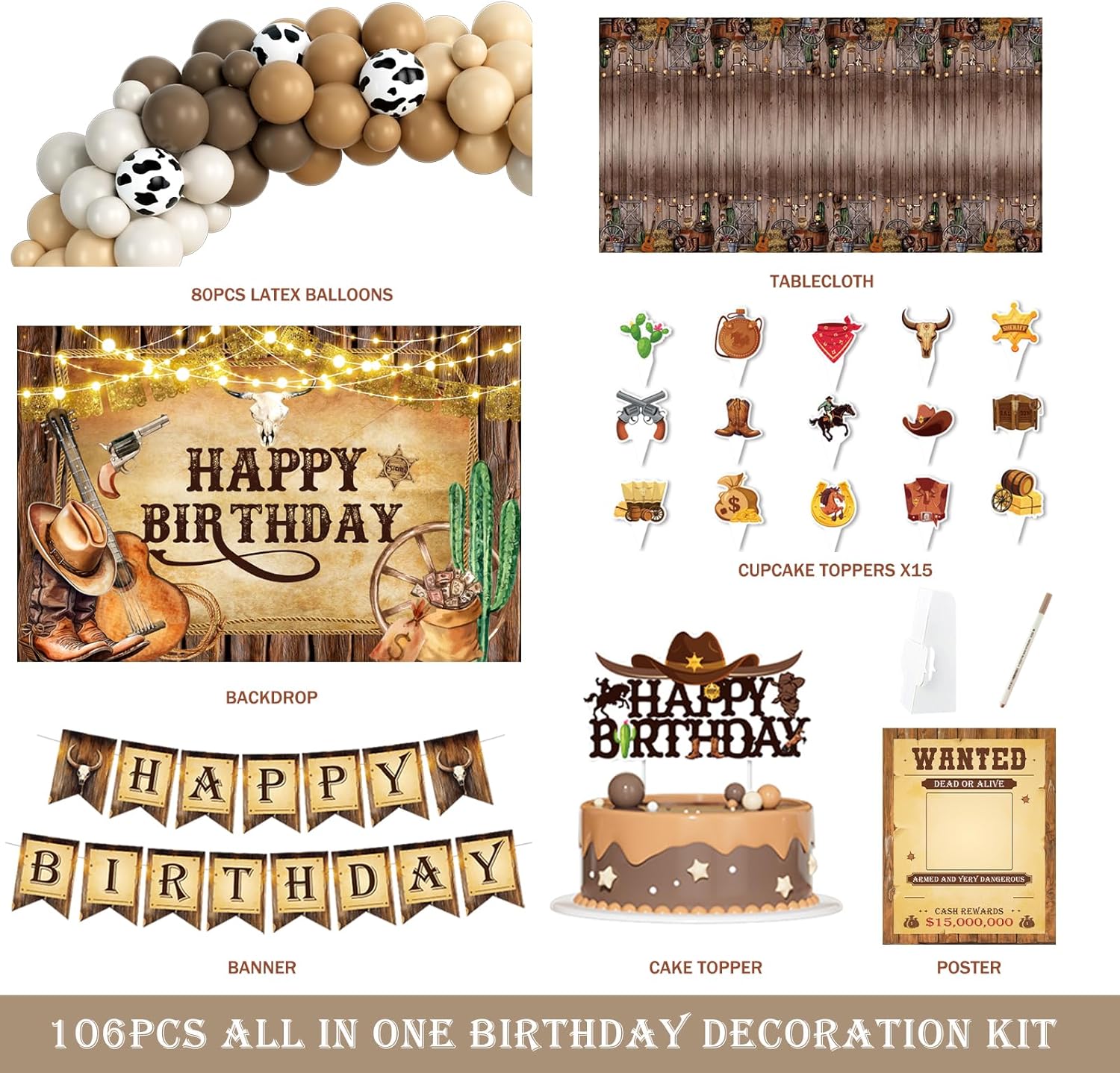 Hombae Cowboy Birthday Party Decorations, Western Cowboy Birthday Decorations, Wild West Rodeo Party Supplies for Boys, Backdrop Balloon Garland Banner Tablecloth Cake Cupcake Topper Poster Brown