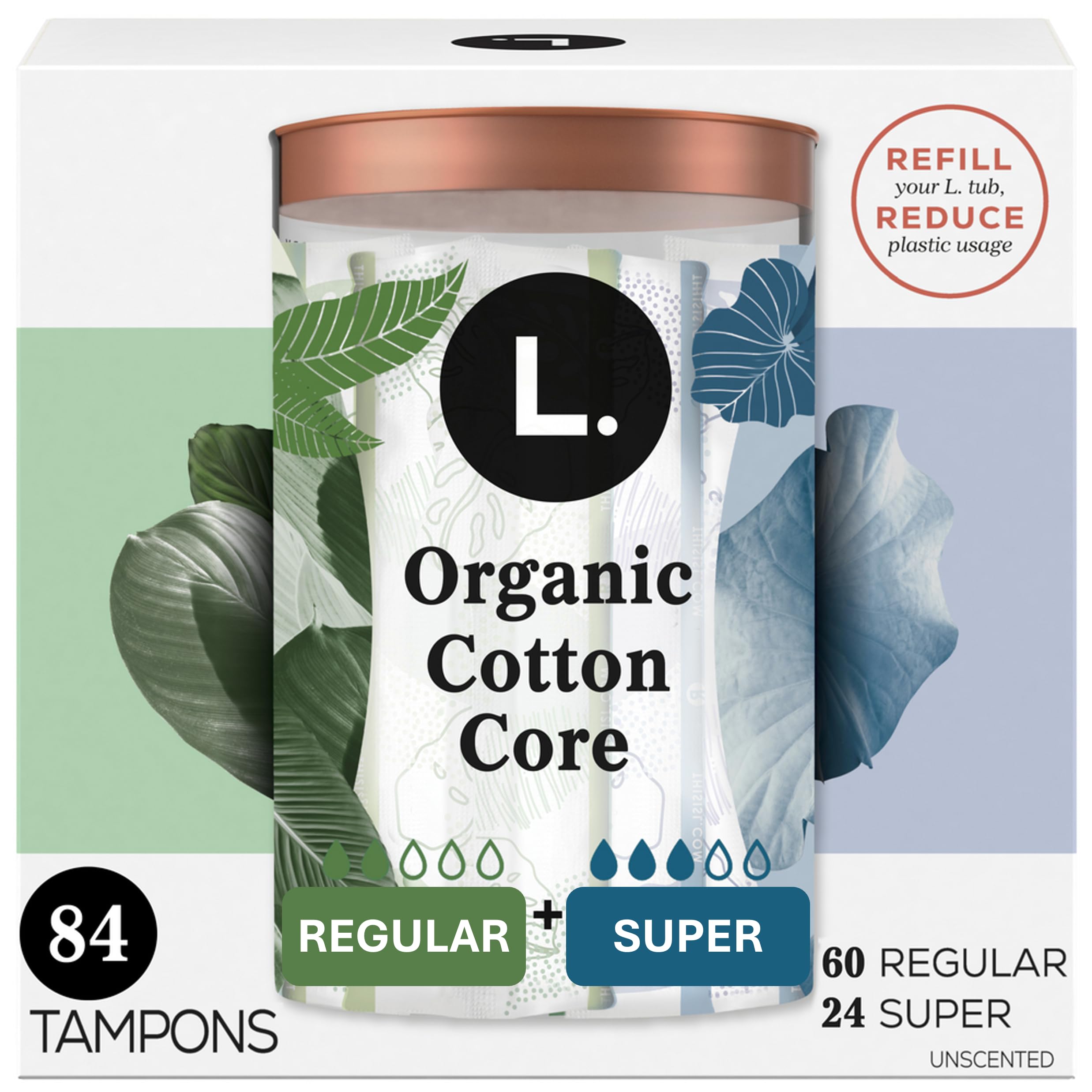 Cotton Tampons Regular/Super Absorbency Multipack, Free from Chlorine Bleaching, Pesticides, Fragrances, or Dyes, 42 Count x 2 Packs (84 Count Total)