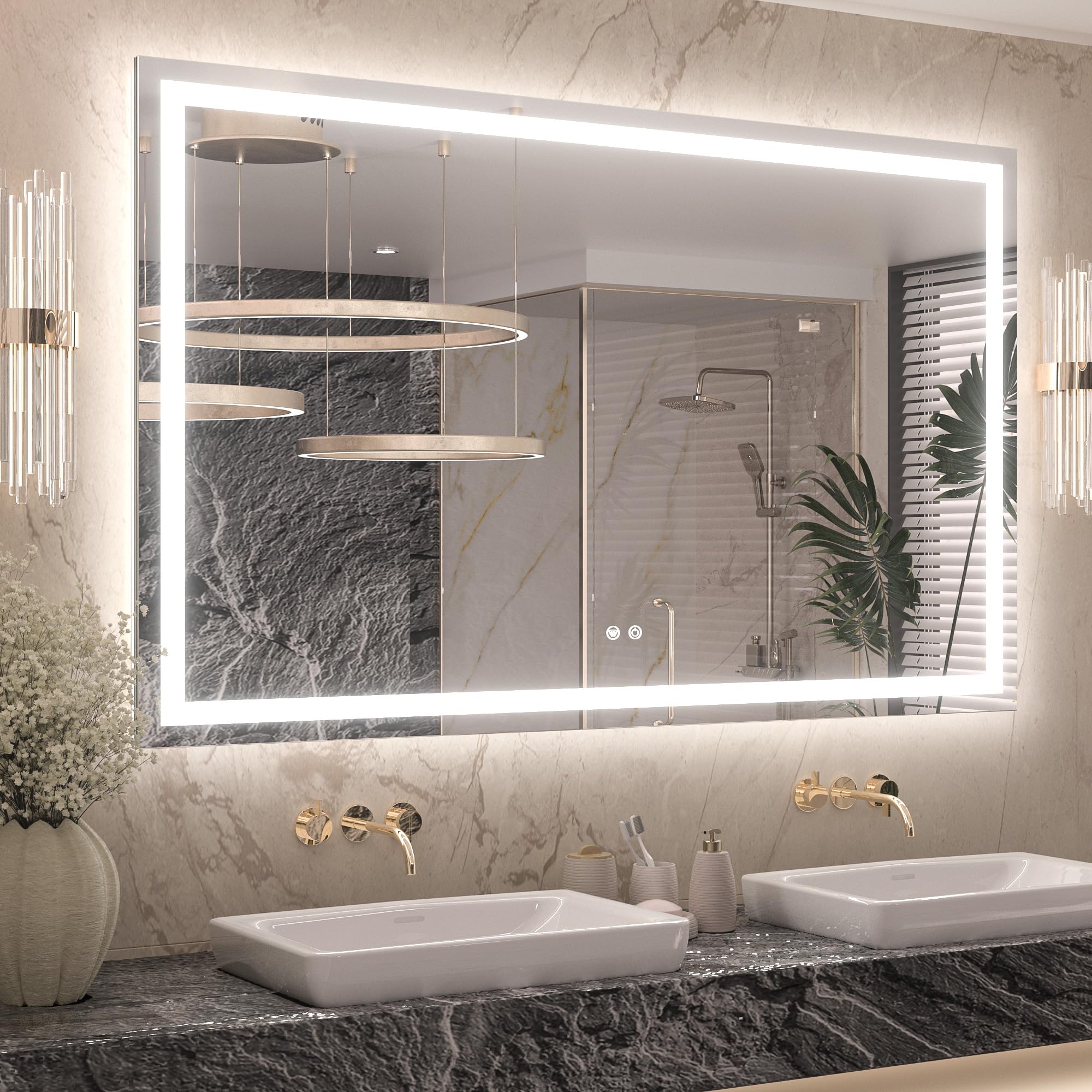 Photo 1 of Keonjinn 55 ” x 36 ” Lighted Mirror for Bathroom Wall, LED Mirror with Frontlit & Backlit, Bathroom Mirror with Lights, Dimmable 3-Color Lights, HD Tempered Glass, UL-Listed LED Driver