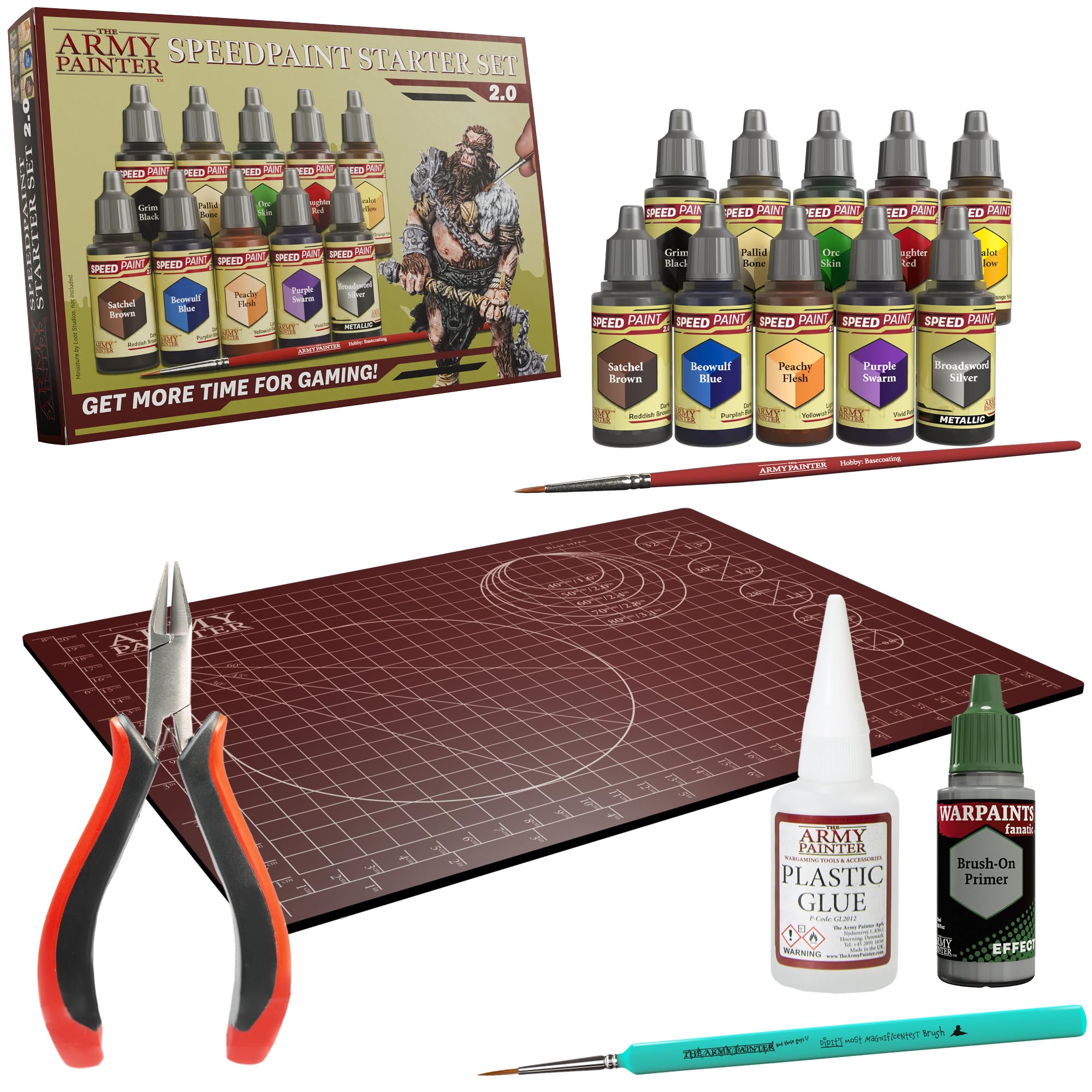 The Army Painter Hobby Starter Bundle Speedpaint Starter Set, Warpaint Fanatic Brush On Primer, Cutting Mat, Precision Side Cutter, Plastic Glue & 1 Brush