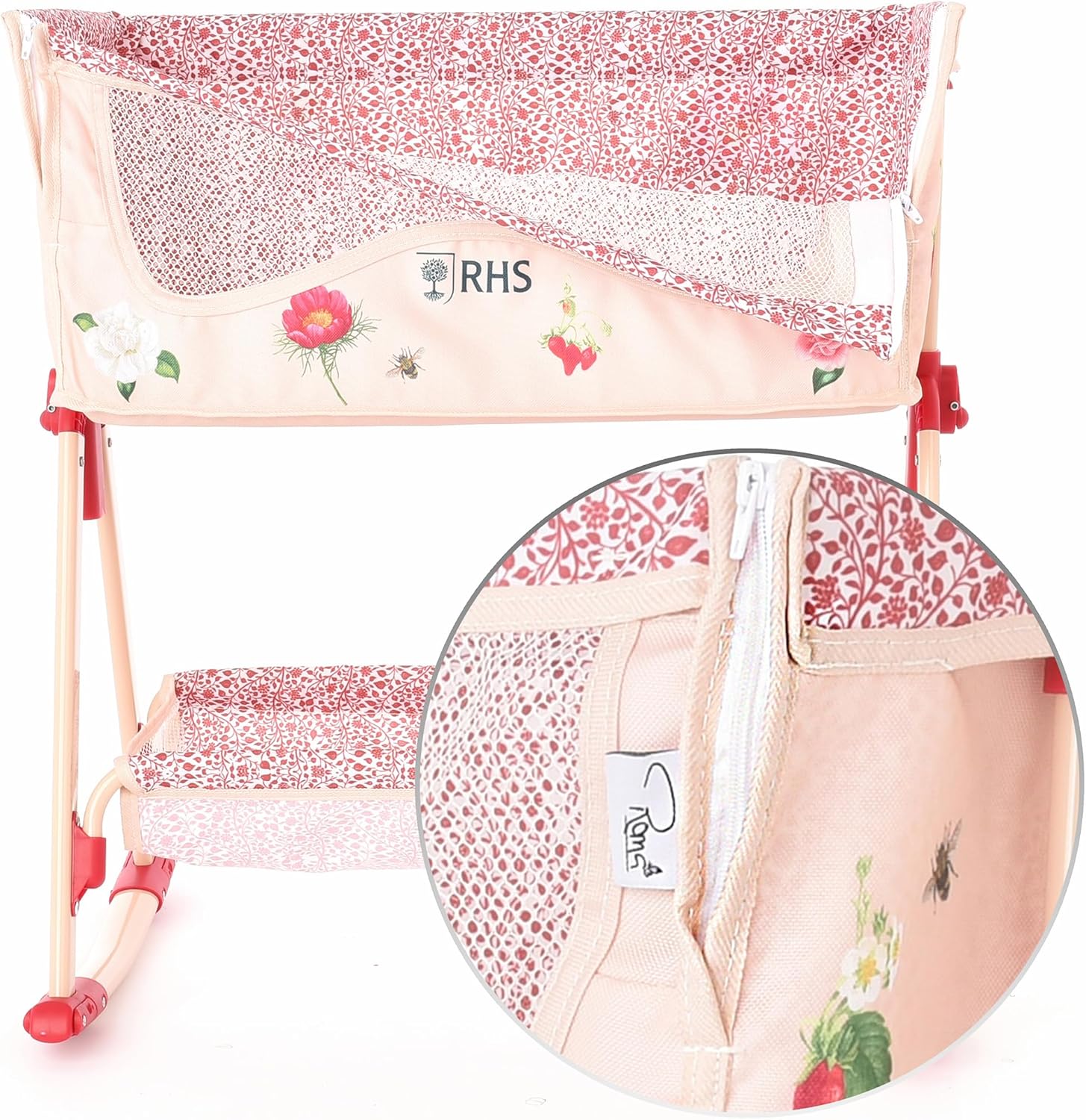 Roma Prams: RHS Doll Bedside Crib - Flora - Cream & Red, Rocking & Stationary, Bedtime Accessory, Adjustable Height, Storage, Roleplay Toy, Kids 3+