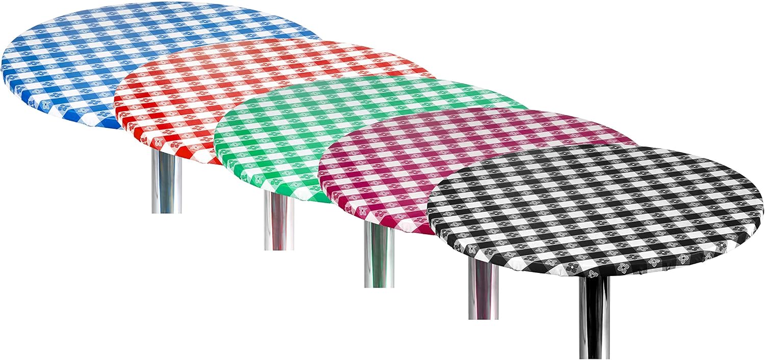 Yourtablecloth Checkered Vinyl Round Fitted Tablecloth with Flannel Backing Elasticized Tablecloth Great for Restaurants, Picnics, Bistros, Indoor and Outdoor Dining, Playing Cards 60” Red and White