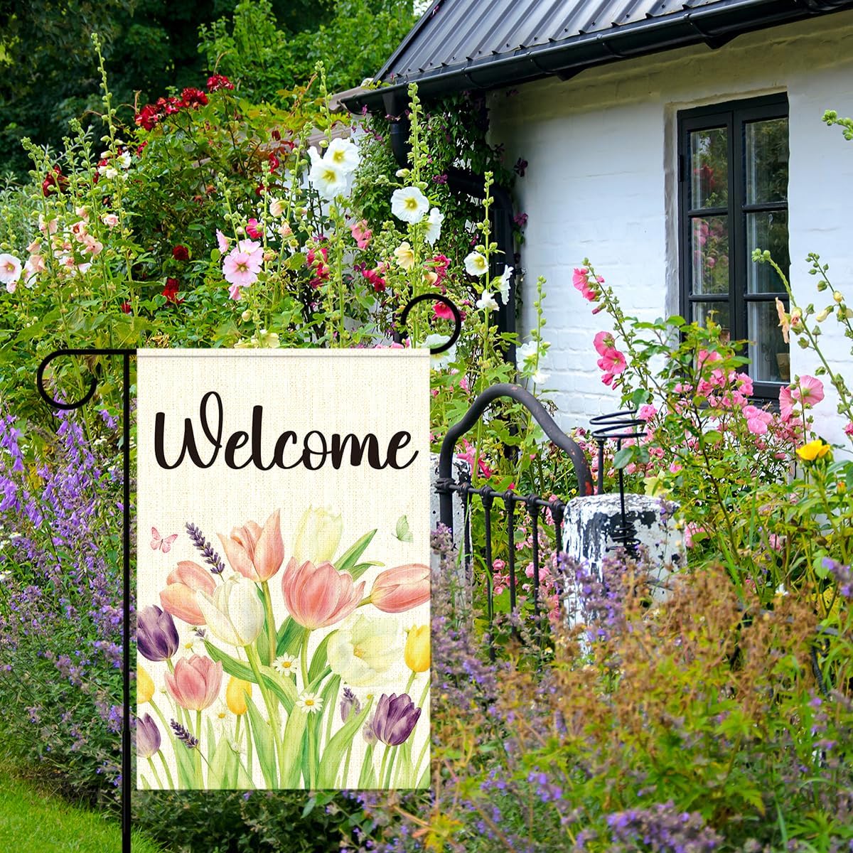 Welcome Spring Garden Flag, Spring Summer Flowers Garden Flag for Outside, Seasonal Colorful Tulip Farmhouse Yard Lawn Porch Flags for Outside Decor 12x18 Inch Double Sided - Image 6