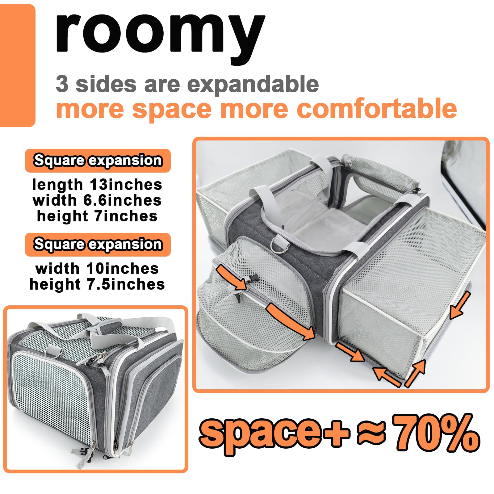 17L*12.5W*8.5H,Jetblue Southwest Allegiant Spirit Airlines Approved pet Carrier with 3 Sides Expandable, for 1 Small-Medium cat Under 10 lbs/1 Small Dog Under 6-8 lbs.
