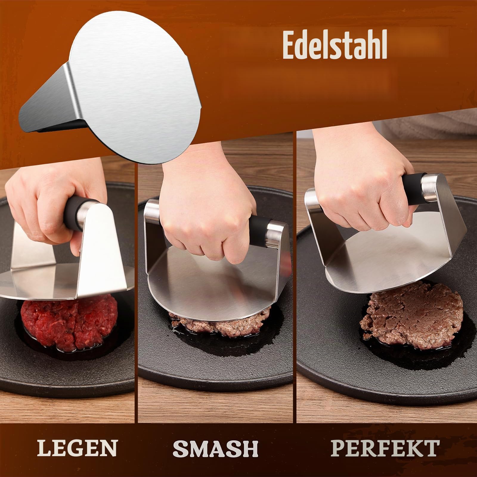 Pisol Smash Burger Presse, Hamburger Smasher Werkzeug für die Grillplatte, Edelstahl Hamburgerpresse mit Anti-Verbrühungsgriff, 14 cm Antihaft Grillpresse für Smashburger, Speck, Hackfleisch, Fleisch