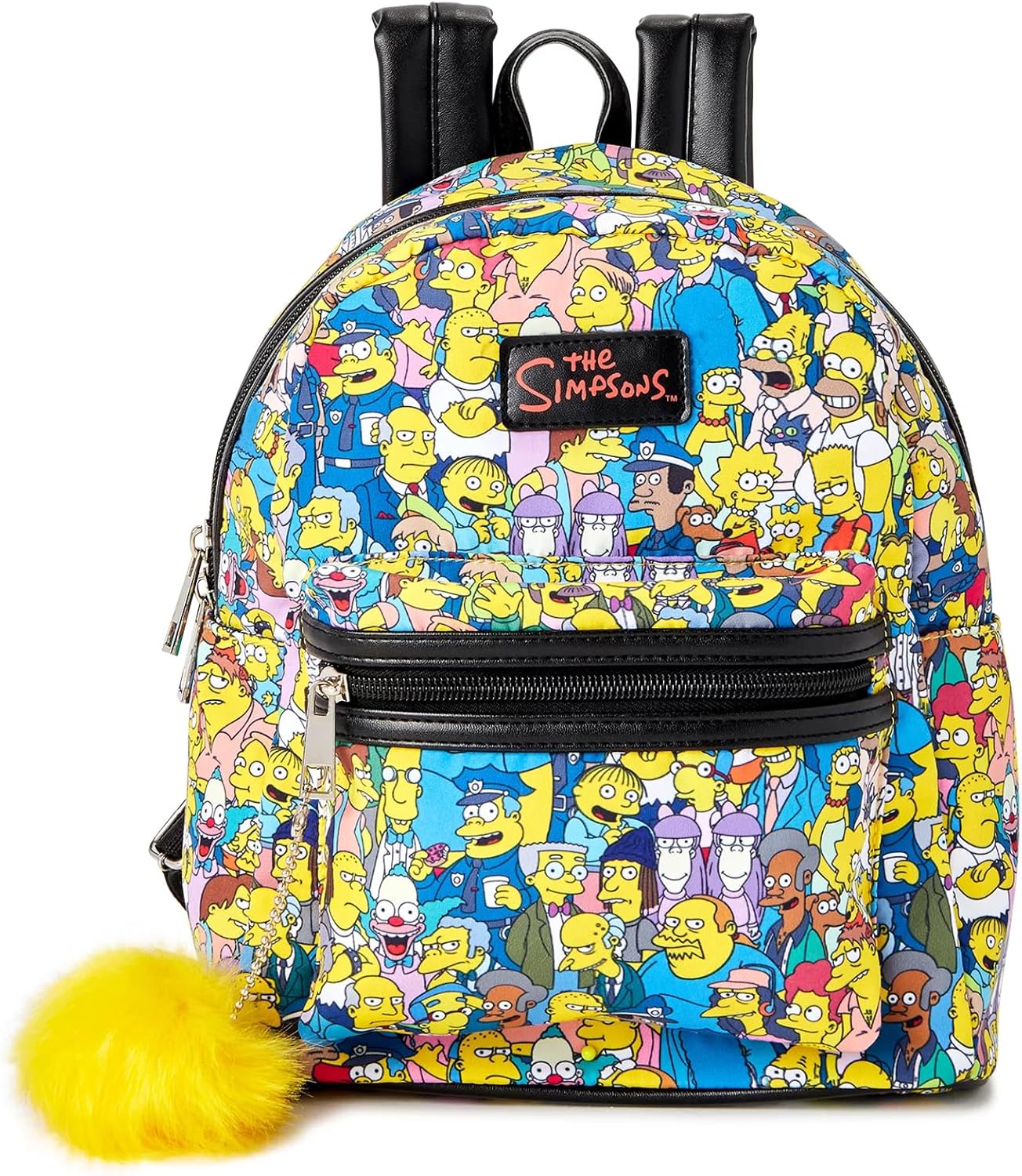 Simpsons All Over Character Print Women's Mini Backpack With Pom Zipper Pull Wallet Tote Bag