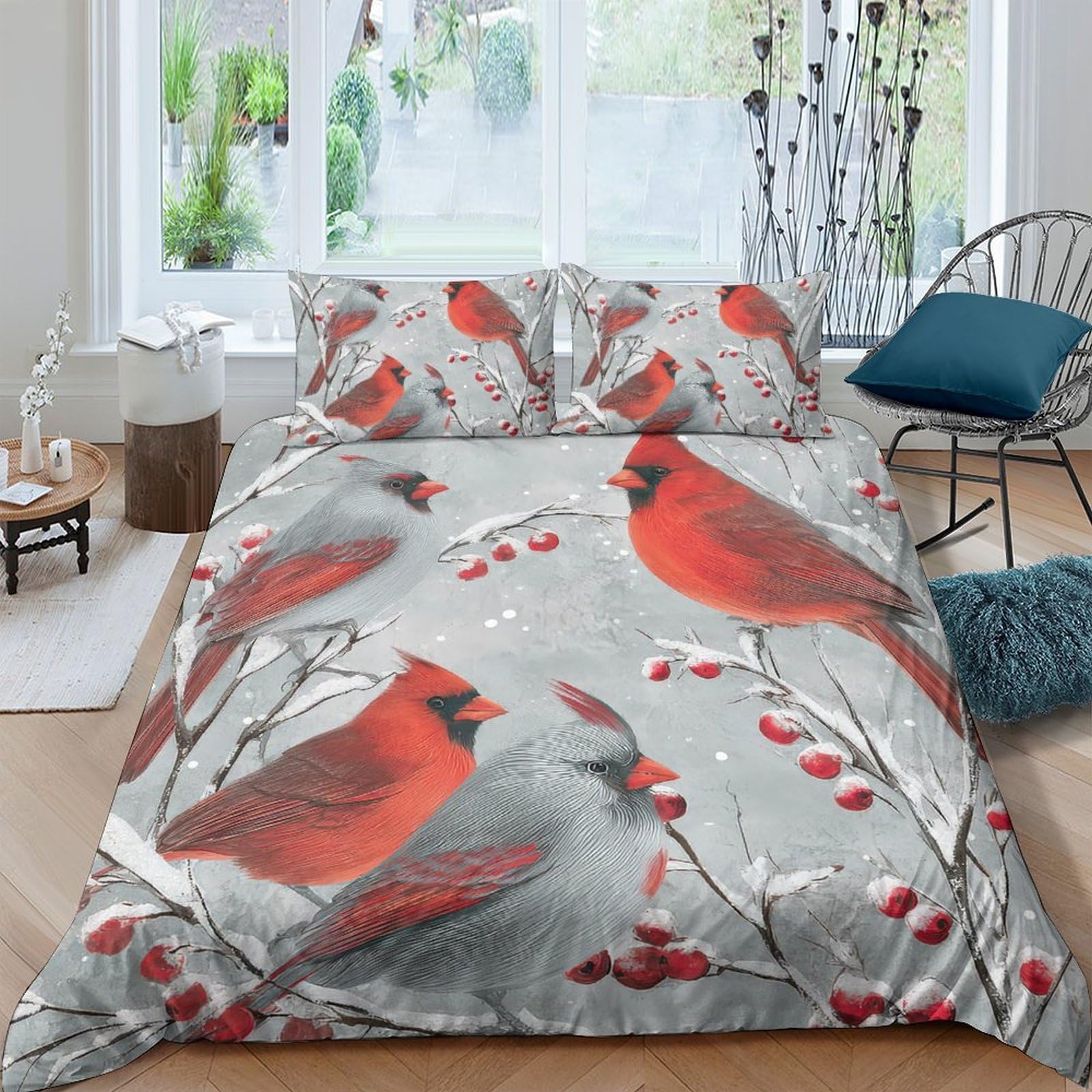 Ctjqhvkz Style-3 3D Printed Red Cardinal Bird Fitted Sheet Microfiber Soft Bedroom Decor Grey Branch Mattress Cover For Home Dorm Single（135X200cm）