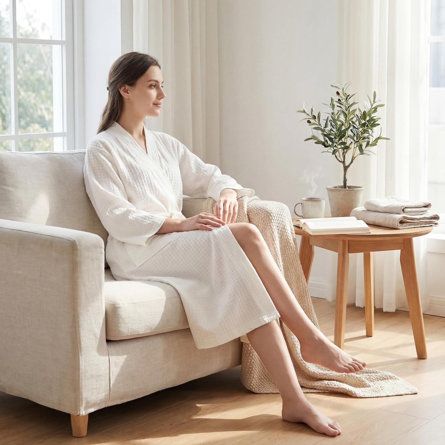 Jecery Waffle Bathrobe and Slippers Bulk Set Spa Robes Hotel Bath Lightweight Thin Commercial Soft for House Shower Party - Image 4