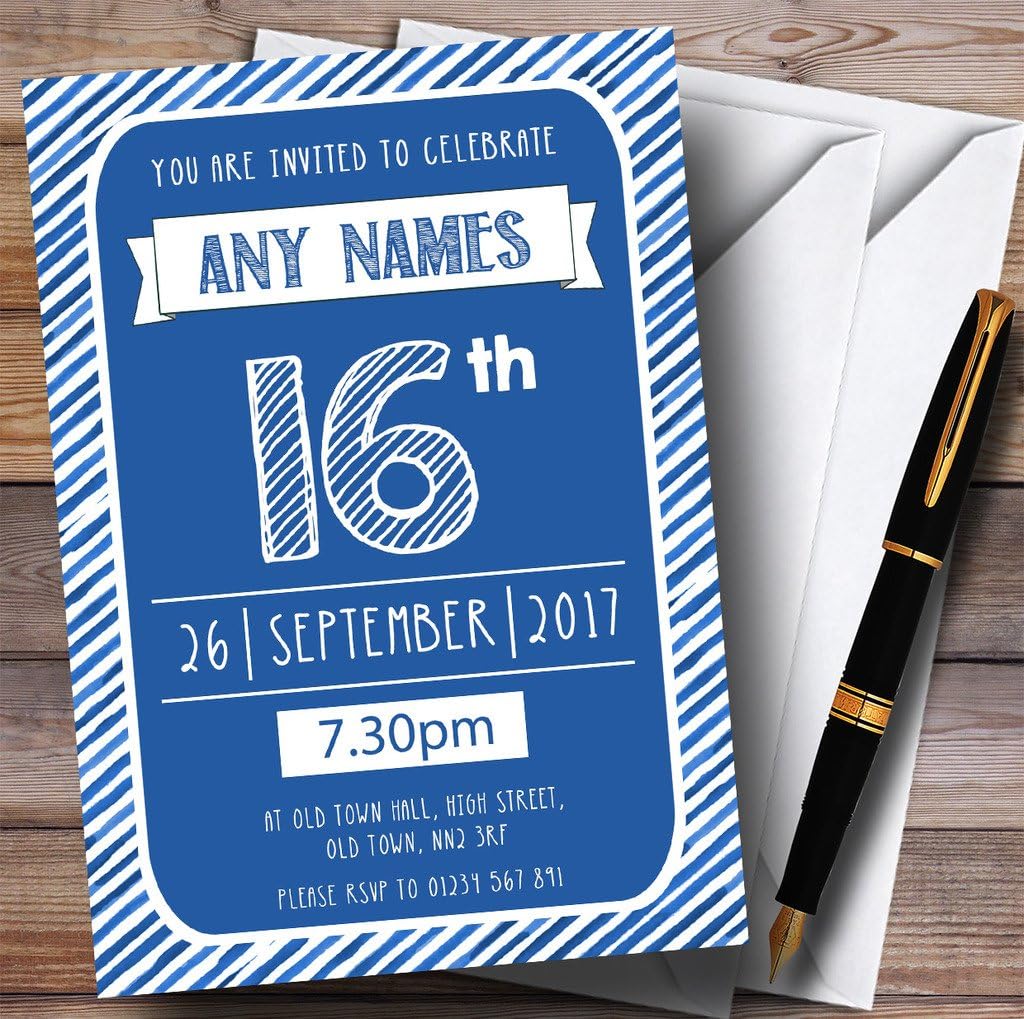 Blue & White Stripy Deco 16th Personalized Birthday Party Invitations