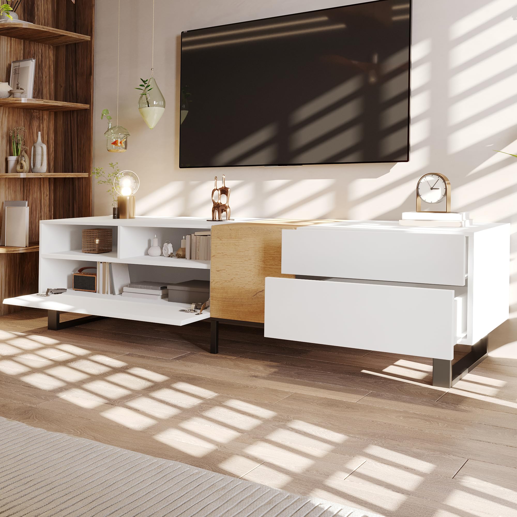 Yihomfy Meuble TV 180 cm avec Rangements, 2 Portes, 2 Tiroirs et Étagères Ouvertes, Design Blanc et Bois, Pieds Métal - pour Salon