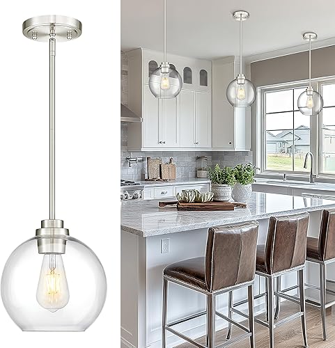 Miniatura 13 de Luces Colgantes de Latón para Isla de Cocina Paquete de 2, Luz Colgante Dorada Estilo Granja con Pantalla de Globo de Vidrio Transparente, Globo de