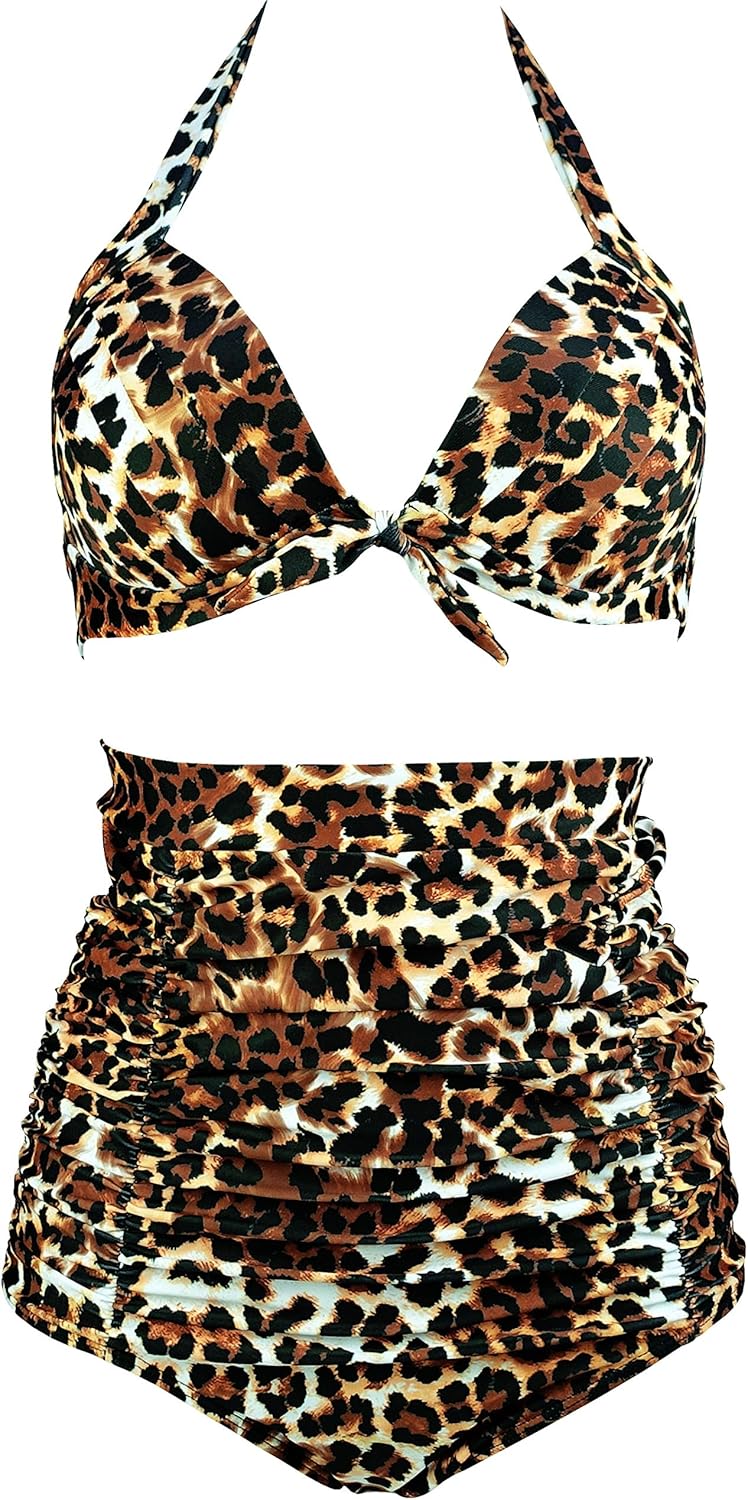 COCOSHIP Retro 50s Black Pink Blue Floral Halter High Waist Bikini Set Halter Carnival Swimsuit(FBA)