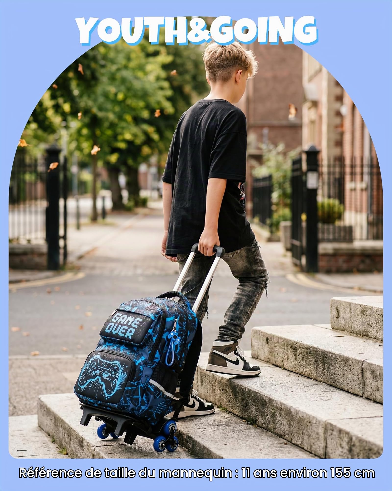 Amythe Sac à Dos Trolley Garçons 8 à 12 ans à 6 Roues Lumineux Grand, Bleu | Imperméable Réfléchissant Ergonomique Bleu Daypack Multi-Poches Spacieux Robuste pour École Voyage Randonnée Loisir