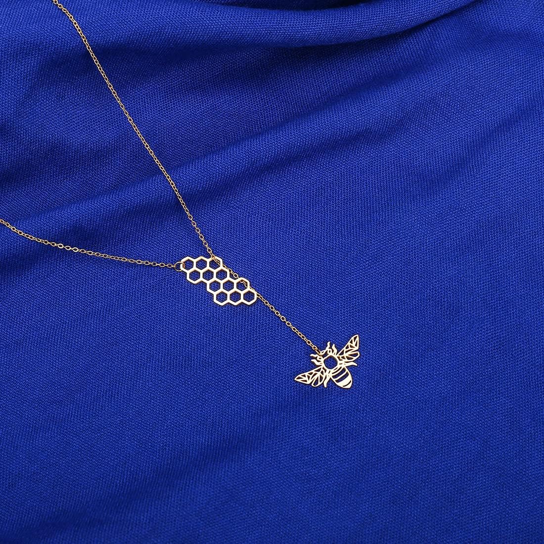 18K Gold Plated Stainless Steel Bee Honeycomb Pendant Necklace, Adjustable Y Lariat Conch/Guitar/Horseshoe Necklace for Women - Image 4