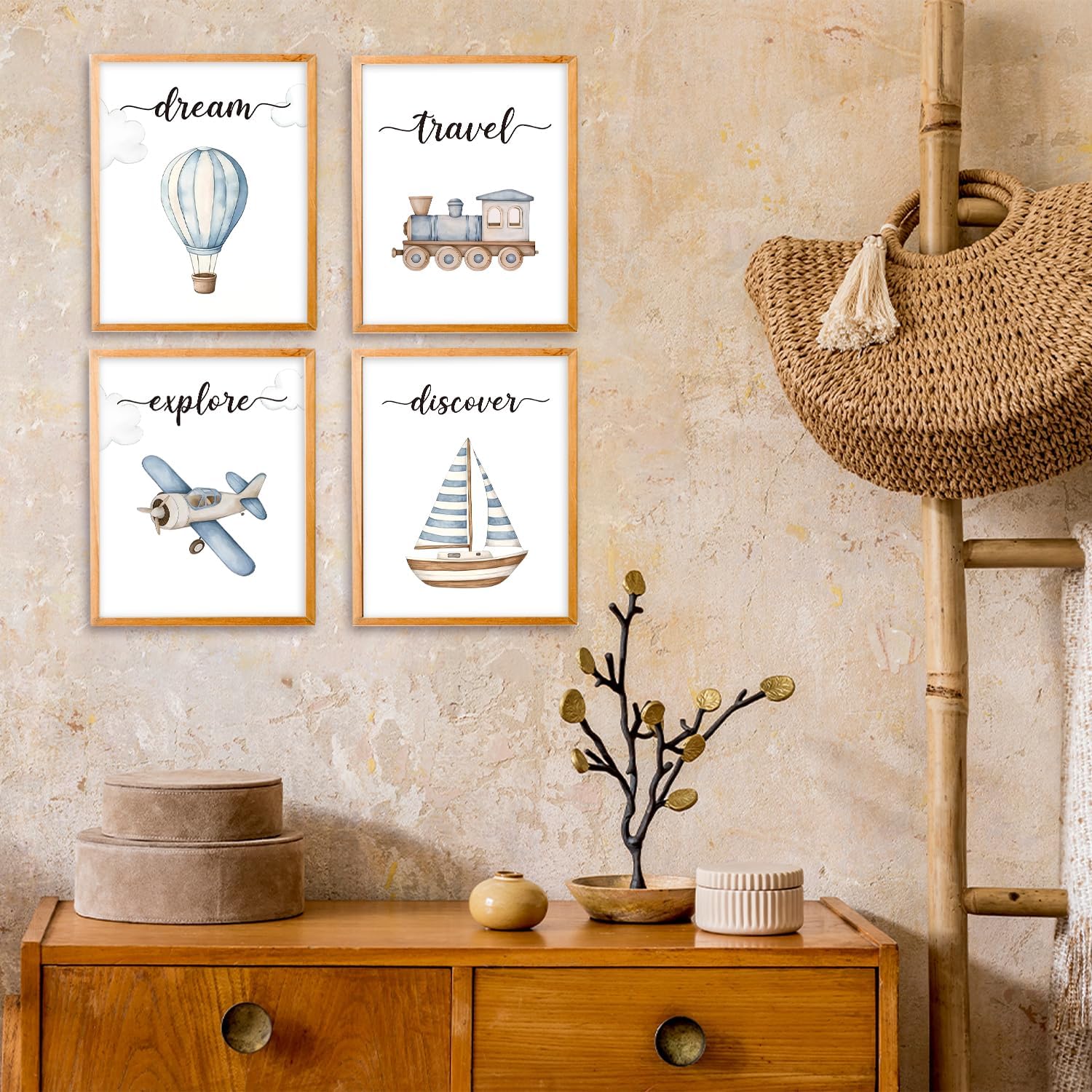VIIJJUE Boy Nursery Wall Decor, Blue Ship Hot Air Balloon Airplane Train Wall Art Prints Set of 4, Watercolor Transportation Wall Art for Nursery Toddlers Boys Room Playroom, 8x10 Inches Unframed image 2