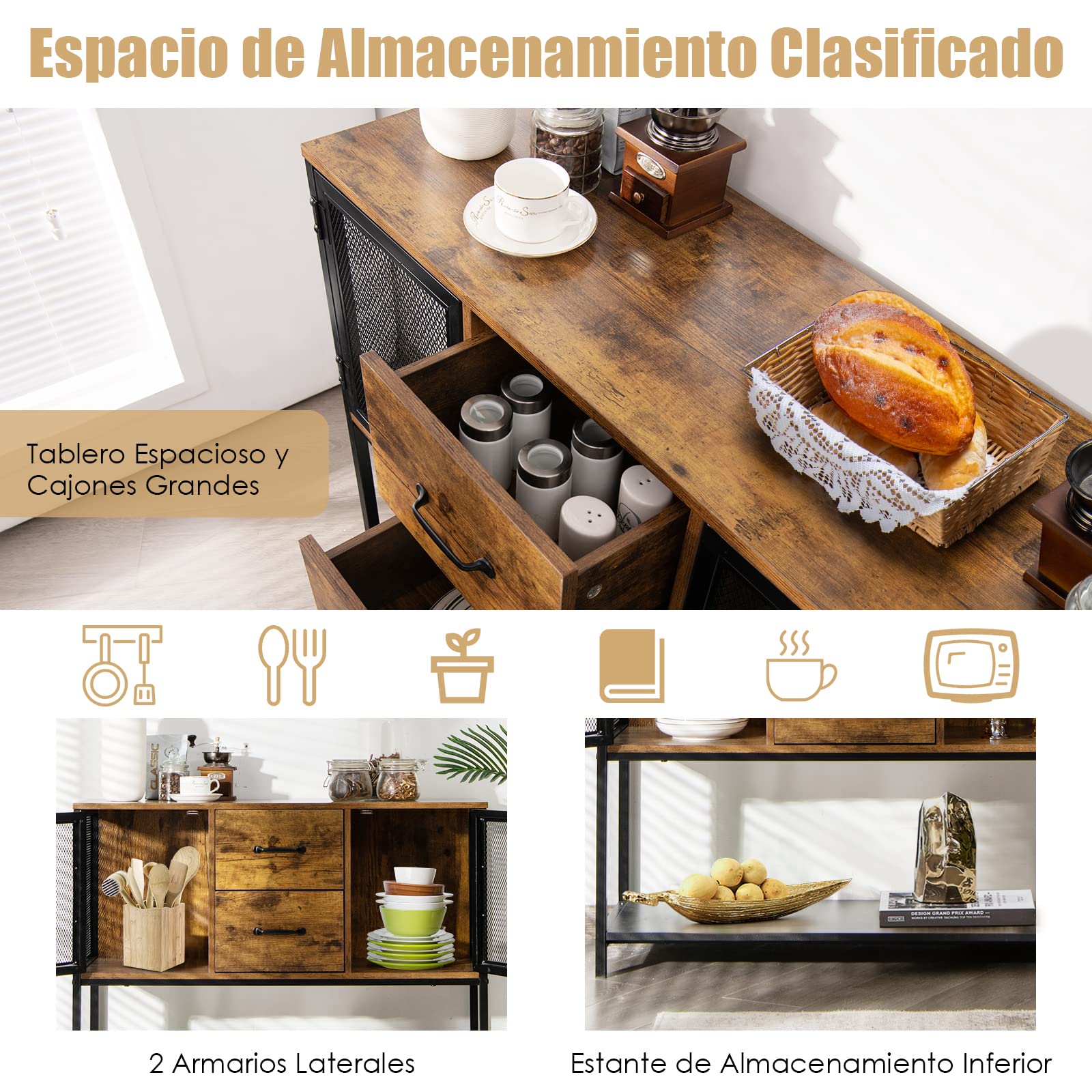 COSTWAY Aparador con 2 Cajones Extraíbles y Repisa Inferior, Mueble Multifuncional para Salón Comedor, Armario de Cocina, Marrón Rústico 100 x 35 x 85 cm