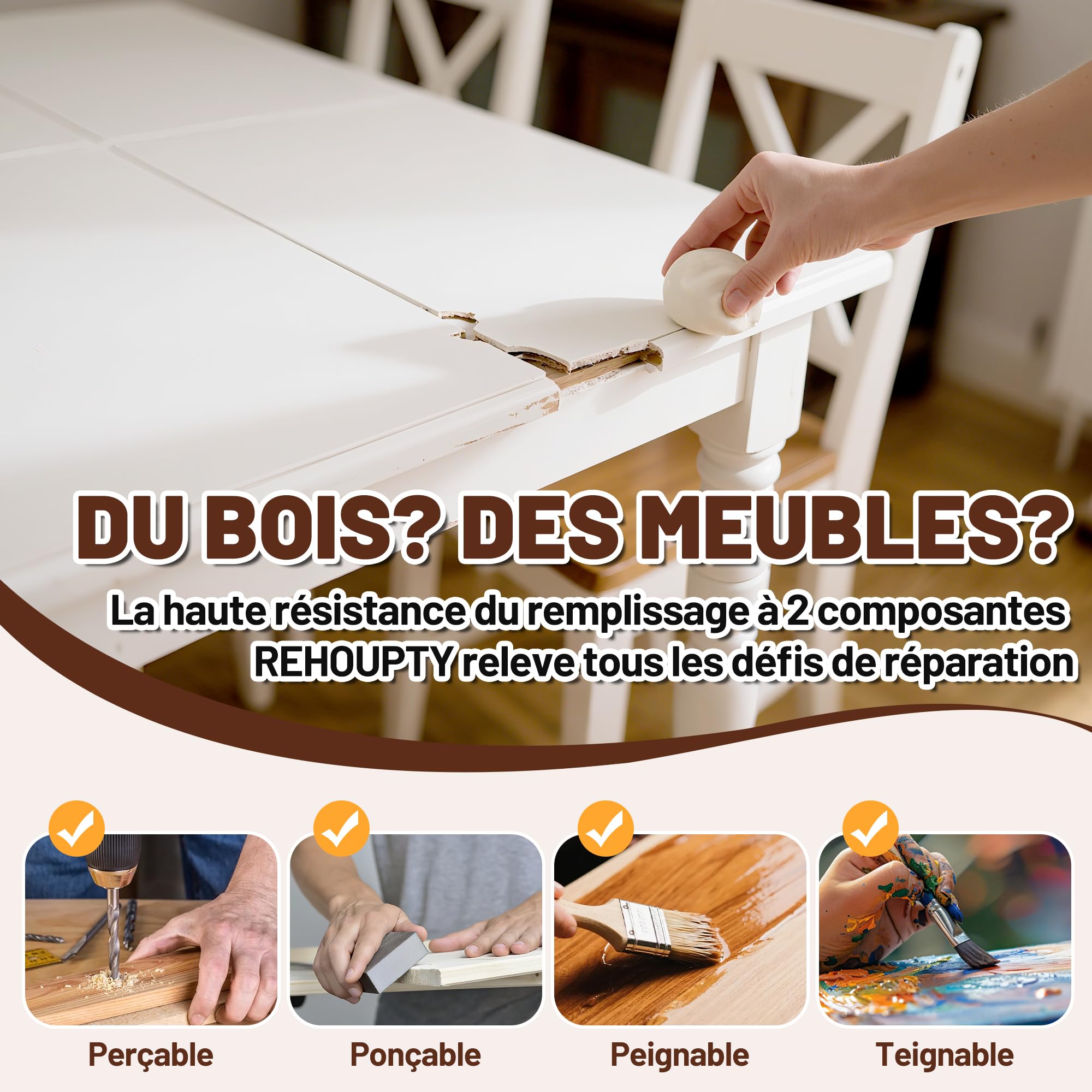 Mastic Epoxy Kit de Remplissage - Haute Résistance 907g Bois Époxy Colle, Blanc Filler de Piscine à Deux Composants & Bois Remplissage Colle Bi Composite Kit de Réparation des Dommages