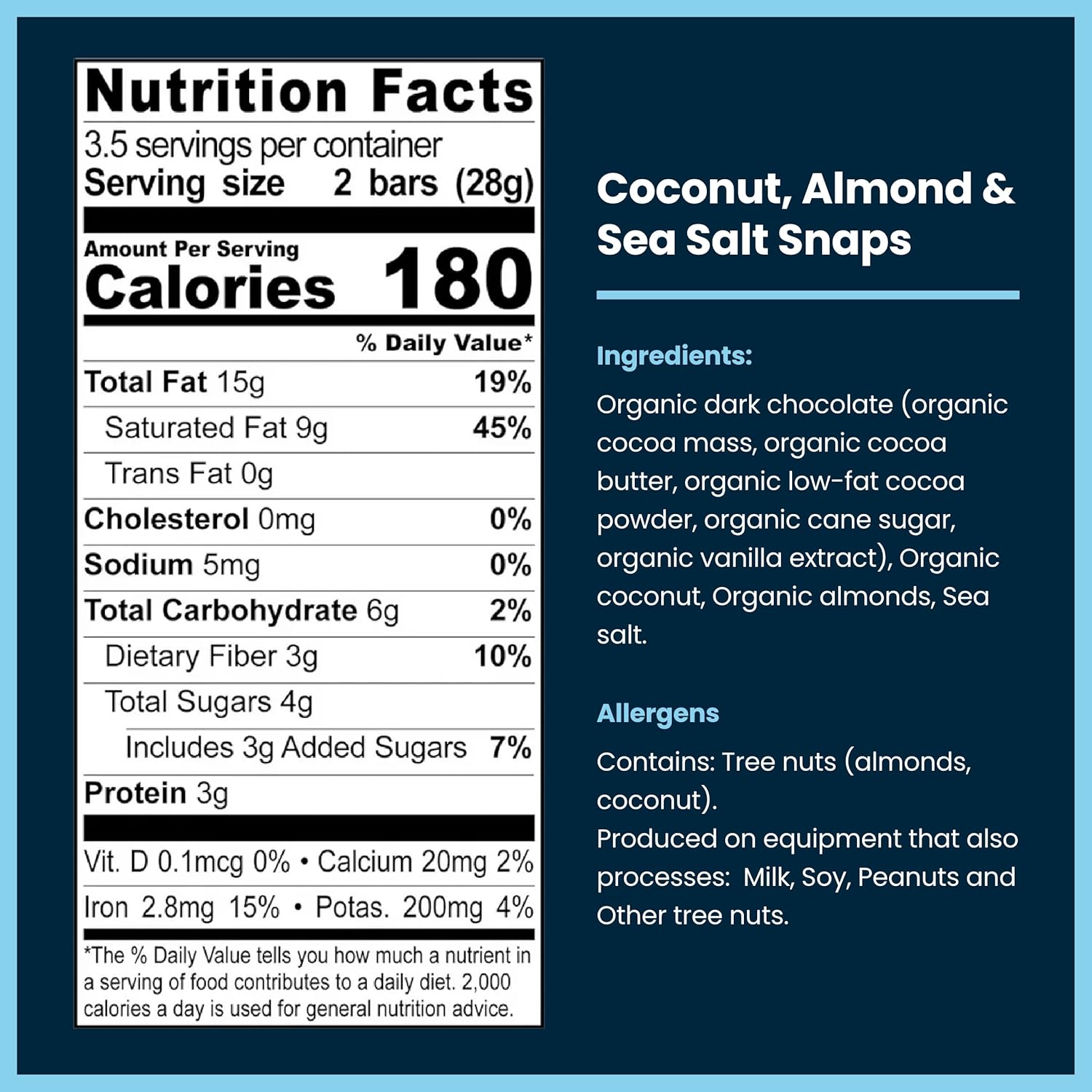 Chocxo Dark Chocolate Coconut Almond & Sea Salt Snaps - Low in Sugar, Organic 85% Cacao, Non-GMO, Keto Certified, Gluten Free & Kosher. No Artificial Sweeteners or Sugar Alcohols, 3.45 oz (Pack of 6)