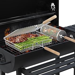 Nesting Grill Baskets (1 + 1), Removable Wooden Handle, 304 Stainless Steel, Rolling Grilling Net, BBQ Accessories Tools for Vegetables Shrimp, Outdoor Cooking Camping, Gifts for Men Dad Husband