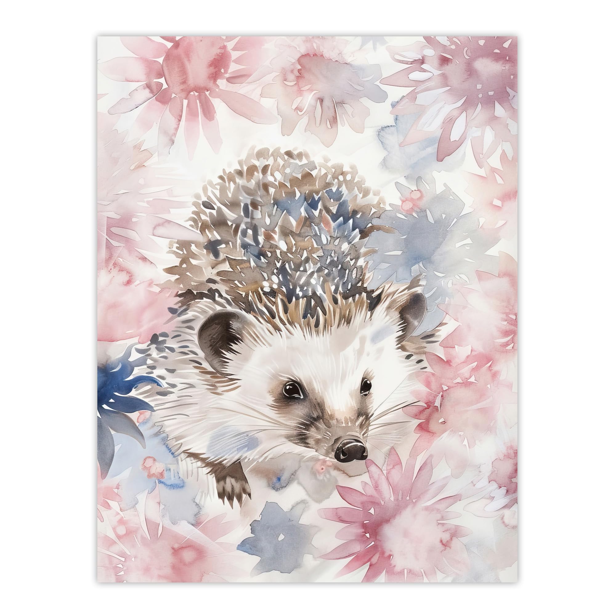 Watercolour Hedgehog and Flowers Wall Art Print - Pink Pastel - W24 x H32 inch