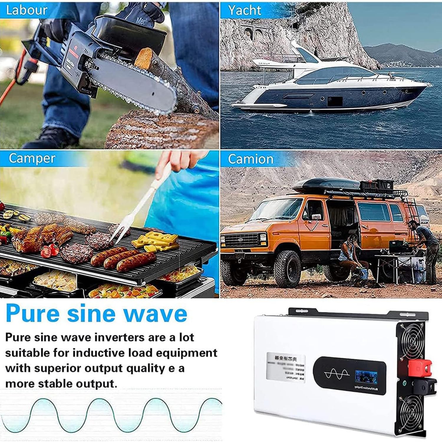 Convertisseur Solaire Onduleurs Solaires Onde Sinusoïdale Pure DC 12v 24v 48v 60v 72v 96v à AC 220v/230v avec 2 Prises Et écran LCD,pour Bateau De Yacht Extérieur,Camping Car,8000W-12V